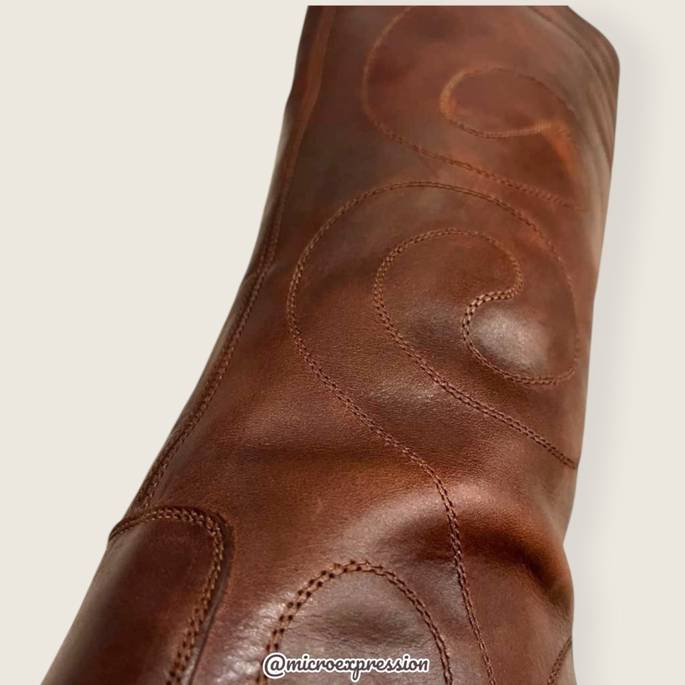 VINTAGE 1970S Frye Conrad Swirl Stitch Embroidered Cognac Brown Tall Knee Boots - Picture 12 of 15